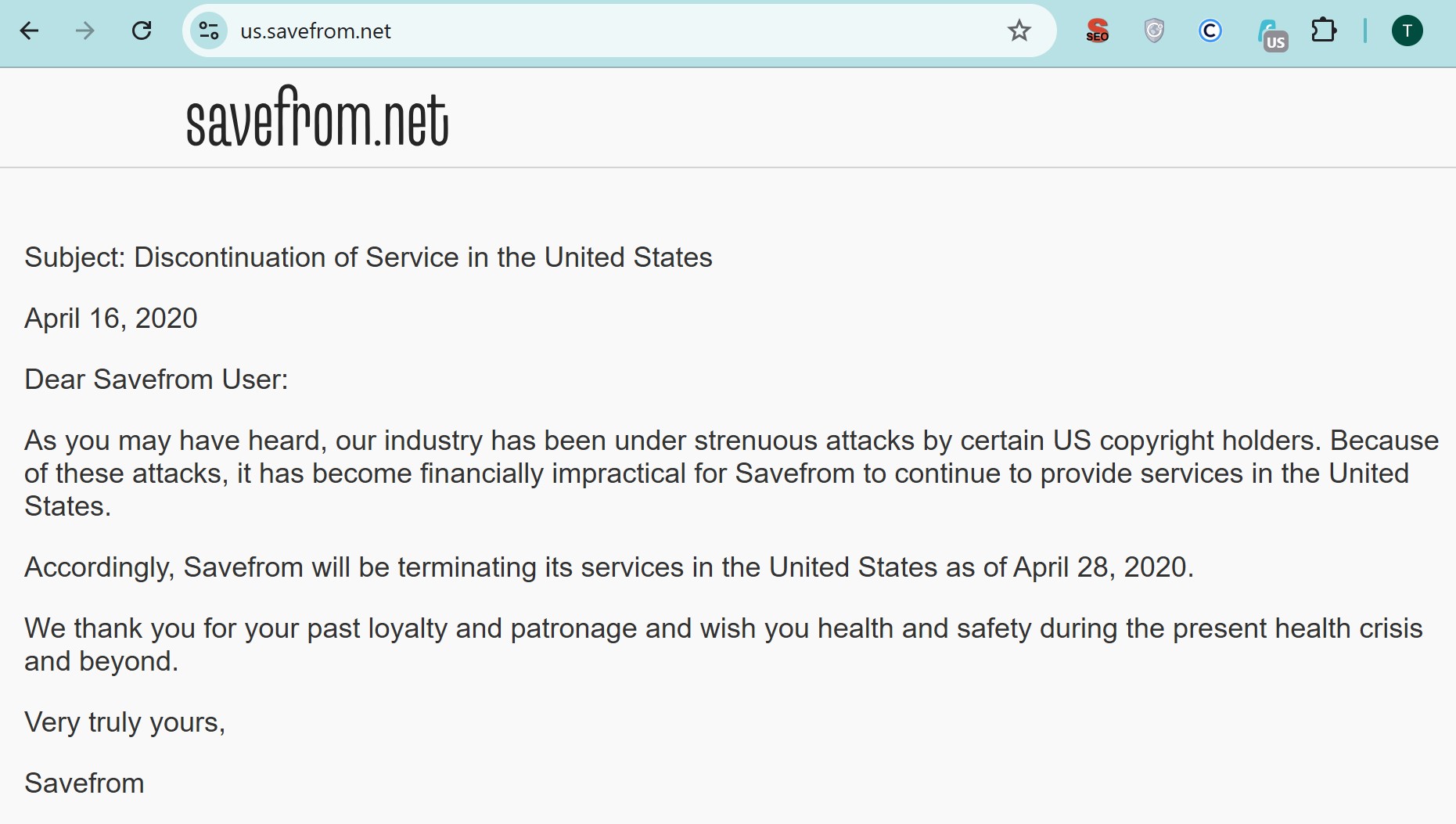 Savefrom is suspened in the US